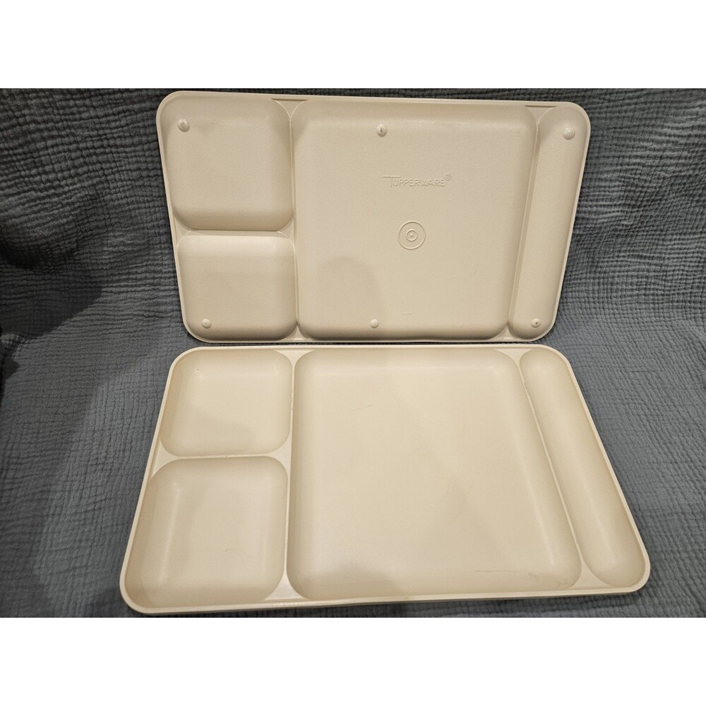 2 Vintage Tupperware Almond 1535-4, Divided Food Trays Dinner Lunch Trays